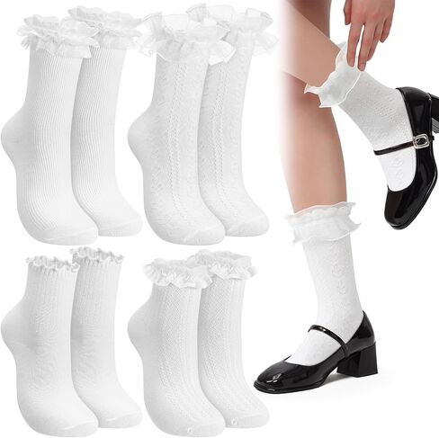 Unittype 4 Pairs Maryjane Socks Lace Lightweight Cotton Frilly Ruffle Ankle Socks for Women Maryjane Shoes Cream Lolita School Uniform Flats Princess Coquette Gifts in Kuwait