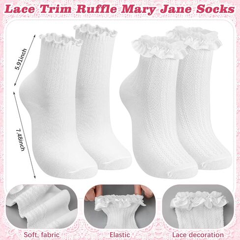 Unittype 4 Pairs Maryjane Socks Lace Lightweight Cotton Frilly Ruffle Ankle Socks for Women Maryjane Shoes Cream Lolita School Uniform Flats Princess Coquette Gifts in Kuwait