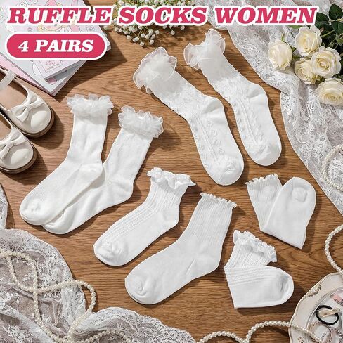 Unittype 4 Pairs Maryjane Socks Lace Lightweight Cotton Frilly Ruffle Ankle Socks for Women Maryjane Shoes Cream Lolita School Uniform Flats Princess Coquette Gifts in Kuwait