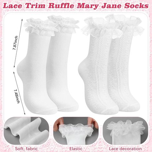 Unittype 4 Pairs Maryjane Socks Lace Lightweight Cotton Frilly Ruffle Ankle Socks for Women Maryjane Shoes Cream Lolita School Uniform Flats Princess Coquette Gifts in Kuwait