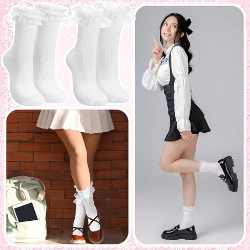 Unittype 4 Pairs Maryjane Socks Lace Lightweight Cotton Frilly Ruffle Ankle Socks for Women Maryjane Shoes Cream Lolita School Uniform Flats Princess Coquette Gifts in Kuwait