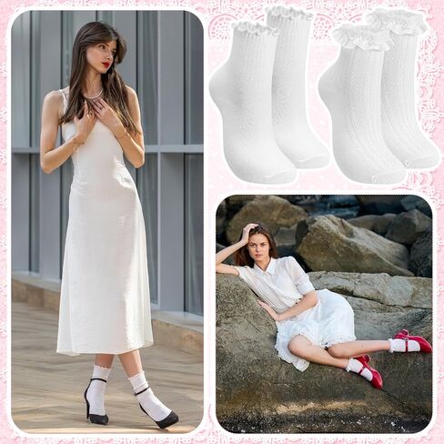 Unittype 4 Pairs Maryjane Socks Lace Lightweight Cotton Frilly Ruffle Ankle Socks for Women Maryjane Shoes Cream Lolita School Uniform Flats Princess Coquette Gifts in Kuwait
