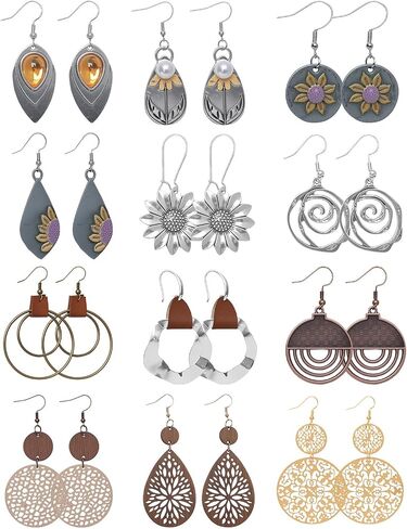 12 Pairs Boho Vintage Wooden Geometric Round Earrings Leather Ethnic Style Dangle Sunflower Earrings Statement Christmas Jewelry Trendy Stuff Holiday Festive Gift for Women Birthday Party Wedding in Saudi Arabia
