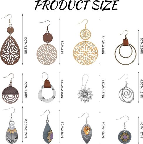 12 Pairs Boho Vintage Wooden Geometric Round Earrings Leather Ethnic Style Dangle Sunflower Earrings Statement Christmas Jewelry Trendy Stuff Holiday Festive Gift for Women Birthday Party Wedding in Saudi Arabia