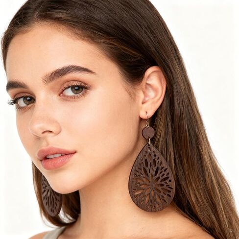 12 Pairs Boho Vintage Wooden Geometric Round Earrings Leather Ethnic Style Dangle Sunflower Earrings Statement Christmas Jewelry Trendy Stuff Holiday Festive Gift for Women Birthday Party Wedding in Saudi Arabia
