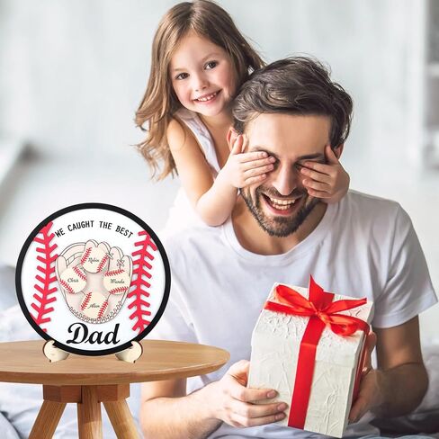 CHDITB Personlized Gifts for Dad from Son Daughter, Wooden 3D Kids Name Baseball Mitt Shaped Table Desk Decor with 5 Baseballs, DIY Ideal Fathers Day Birthday Gift for Grandpa Papa(12"x12") in Saudi Arabia