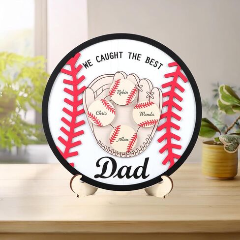 CHDITB Personlized Gifts for Dad from Son Daughter, Wooden 3D Kids Name Baseball Mitt Shaped Table Desk Decor with 5 Baseballs, DIY Ideal Fathers Day Birthday Gift for Grandpa Papa(12"x12") in Saudi Arabia