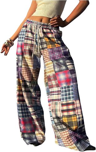 RoseSeek Women's Y2k Plaid Color Block Wide Leg Pants Elastic Drawstring Waisted Baggy Trousers Streetwear Pants in Kuwait
