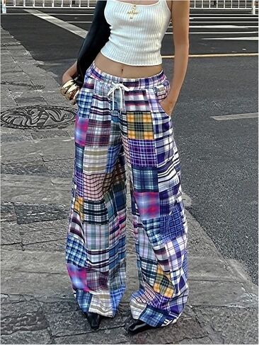 RoseSeek Women's Y2k Plaid Color Block Wide Leg Pants Elastic Drawstring Waisted Baggy Trousers Streetwear Pants in Kuwait