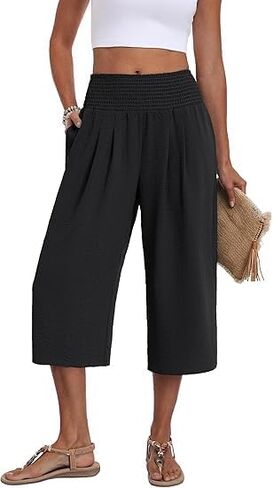 Women's Capri Pants High Waisted Wide Leg Elastic Waist Plus Size Cropped Palazzo Trousers with Ruffle Hem Culottes in Kuwait