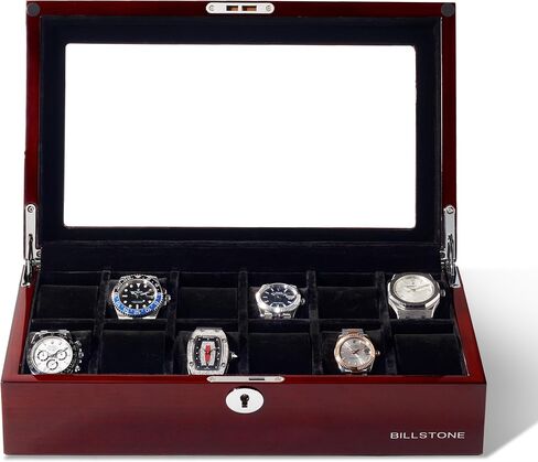 BILLSTONE Heritage 12 Wooden Watch Box – 12 Slot Watch Organizer, High-Polish Bubinga Wood with Black Velvet Interior in Saudi Arabia