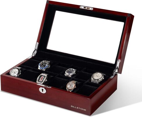 BILLSTONE Heritage 12 Wooden Watch Box – 12 Slot Watch Organizer, High-Polish Bubinga Wood with Black Velvet Interior in Saudi Arabia