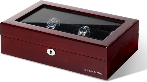 BILLSTONE Heritage 12 Wooden Watch Box – 12 Slot Watch Organizer, High-Polish Bubinga Wood with Black Velvet Interior in Saudi Arabia