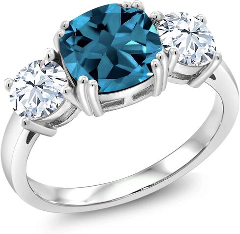 Gem Stone King 4.24 Cttw London Blue Topaz and White Zirconia 3-Stone Engagement Ring For Women | 925 Sterling Silver | Center Cushion 8MM | Wedding Engagement Anniversary Promise Ring in Saudi Arabia