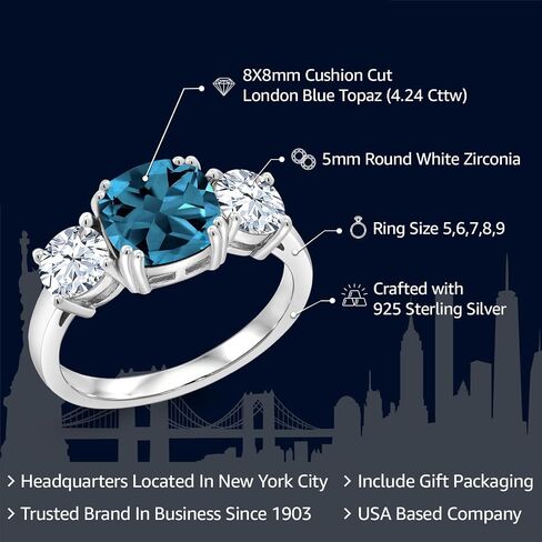 Gem Stone King 4.24 Cttw London Blue Topaz and White Zirconia 3-Stone Engagement Ring For Women | 925 Sterling Silver | Center Cushion 8MM | Wedding Engagement Anniversary Promise Ring in Saudi Arabia