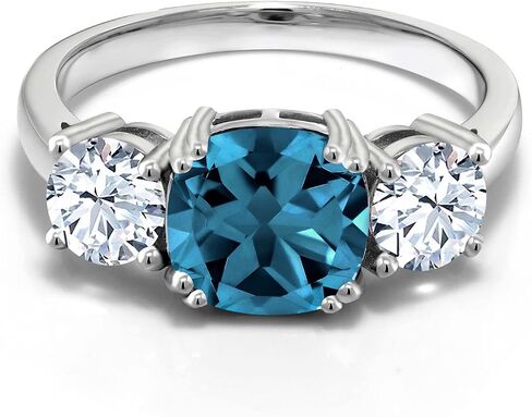 Gem Stone King 4.24 Cttw London Blue Topaz and White Zirconia 3-Stone Engagement Ring For Women | 925 Sterling Silver | Center Cushion 8MM | Wedding Engagement Anniversary Promise Ring in Saudi Arabia