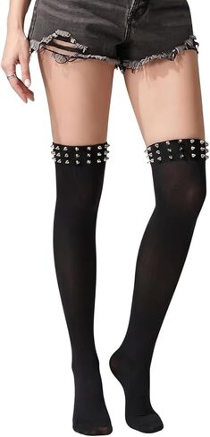 Meihuida Women Thigh High Socks Gothic Semi-Sheer Studded Over The Knee Stockings, Y2K Spiked Punk Rave Festival Clubwear in Kuwait