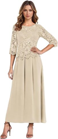 Chiffon Mother of The Bride Dresses for Women Lace Applique Scoop Neck Formal Wedding Guest Gown with 3/4 Sleeves HX046 in Saudi Arabia