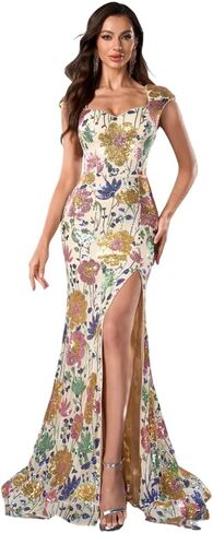 Women's Floral Sequin Mermaid Maxi Dress Elegant Evening Prom Gowns with Slit in Saudi Arabia