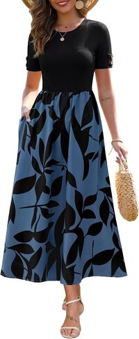 Zattcas Women's Summer Short Sleeve Ribbed Casual Patchwork Flowy Business Casual Work Long Maxi Dress with Pockets in Saudi Arabia