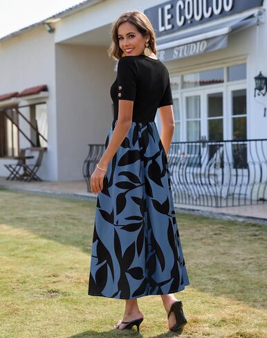 Zattcas Women's Summer Short Sleeve Ribbed Casual Patchwork Flowy Business Casual Work Long Maxi Dress with Pockets in Saudi Arabia