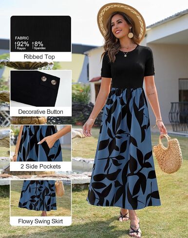 Zattcas Women's Summer Short Sleeve Ribbed Casual Patchwork Flowy Business Casual Work Long Maxi Dress with Pockets in Saudi Arabia