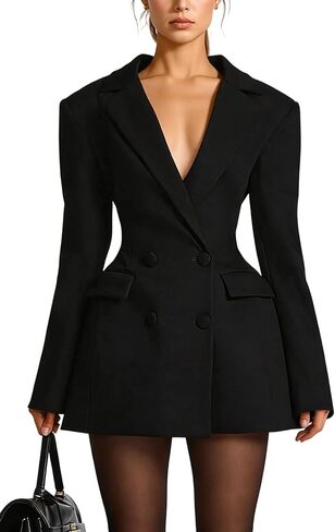 LAJIOJIO Women's Elegant V Neck Lapel Long Sleeve Button Pleated Cocktail Mini Blazer Dress in Saudi Arabia