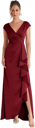 Sleevelesss Ruffle Mother of the Bride Dress for Wedding V Neck Satin Formal Dress in Saudi Arabia