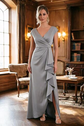 Sleevelesss Ruffle Mother of the Bride Dress for Wedding V Neck Satin Formal Dress in Saudi Arabia
