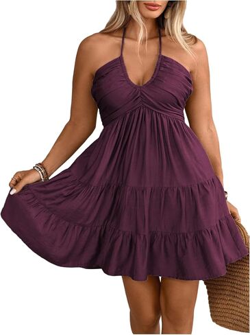 OYOANGLE Women's Plus Size Sleeveless Short Tiered Halter Dress Ruched Tie Back A Line Sundress in Saudi Arabia