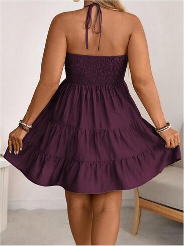 OYOANGLE Women's Plus Size Sleeveless Short Tiered Halter Dress Ruched Tie Back A Line Sundress in Saudi Arabia