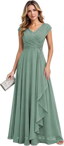 Ruffled Chiffon Mother of The Bride Dresses for Women Cap Sleeve Lace Applique Formal Gown HX043 in Saudi Arabia