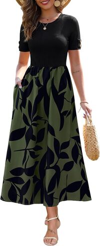 Zattcas Women's Summer Short Sleeve Ribbed Casual Patchwork Flowy Business Casual Work Long Maxi Dress with Pockets in Saudi Arabia