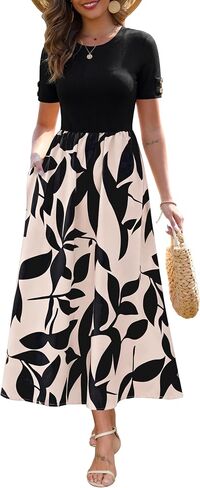 Zattcas Women's Summer Short Sleeve Ribbed Casual Patchwork Flowy Business Casual Work Long Maxi Dress with Pockets in Saudi Arabia