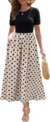 Zattcas Women's Summer Short Sleeve Ribbed Casual Patchwork Flowy Business Casual Work Long Maxi Dress with Pockets in Saudi Arabia