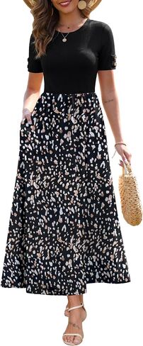 Zattcas Women's Summer Short Sleeve Ribbed Casual Patchwork Flowy Business Casual Work Long Maxi Dress with Pockets in Saudi Arabia
