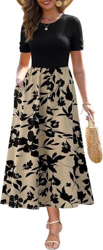 Zattcas Women's Summer Short Sleeve Ribbed Casual Patchwork Flowy Business Casual Work Long Maxi Dress with Pockets in Saudi Arabia