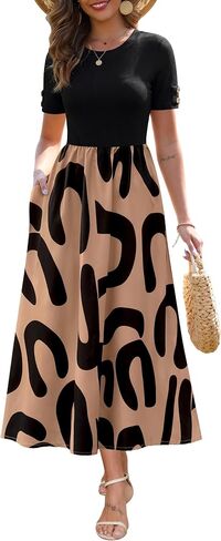 Zattcas Women's Summer Short Sleeve Ribbed Casual Patchwork Flowy Business Casual Work Long Maxi Dress with Pockets in Saudi Arabia