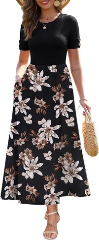 Zattcas Women's Summer Short Sleeve Ribbed Casual Patchwork Flowy Business Casual Work Long Maxi Dress with Pockets in Saudi Arabia