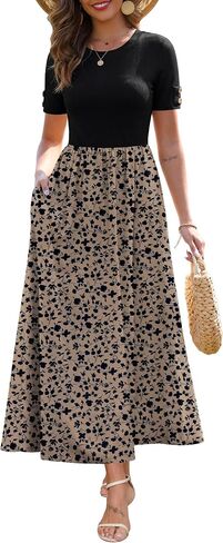 Zattcas Women's Summer Short Sleeve Ribbed Casual Patchwork Flowy Business Casual Work Long Maxi Dress with Pockets in Saudi Arabia