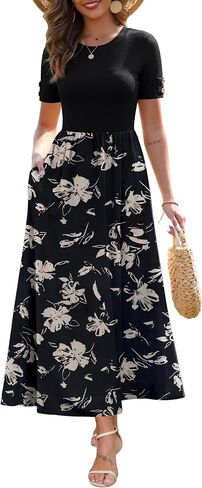 Zattcas Women's Summer Short Sleeve Ribbed Casual Patchwork Flowy Business Casual Work Long Maxi Dress with Pockets in Saudi Arabia