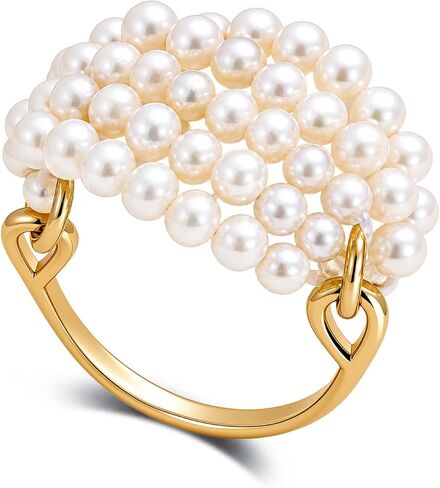 ZFAIRY 18K Gold Natural Freshwater Pearl Ring, Multi-Layer Baroque Rice Pearl Design, Hand-Woven Adjustable Statement Ring for Men and Women in Saudi Arabia