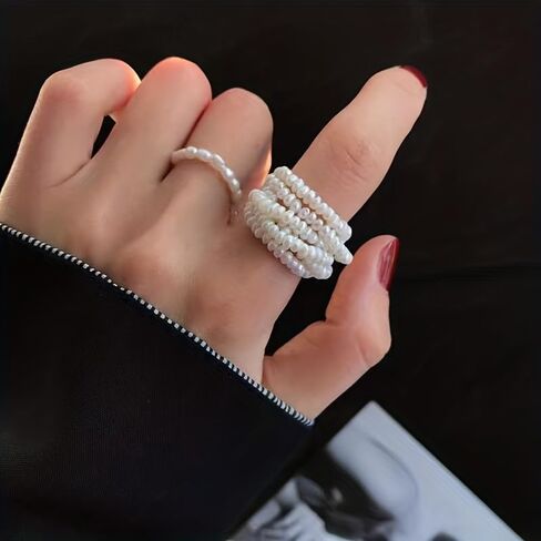 ZFAIRY 18K Gold Natural Freshwater Pearl Ring, Multi-Layer Baroque Rice Pearl Design, Hand-Woven Adjustable Statement Ring for Men and Women in Saudi Arabia