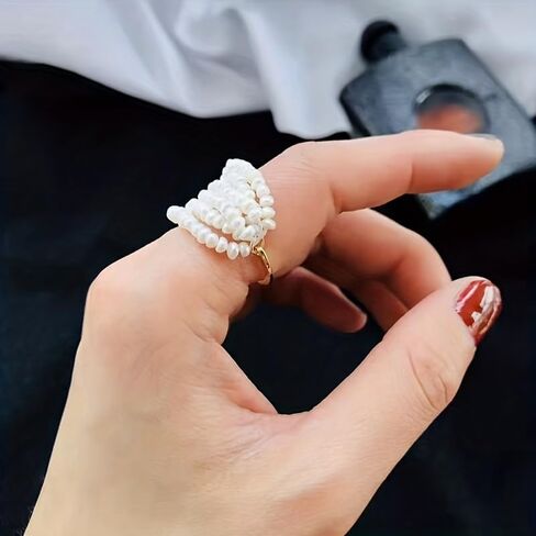ZFAIRY 18K Gold Natural Freshwater Pearl Ring, Multi-Layer Baroque Rice Pearl Design, Hand-Woven Adjustable Statement Ring for Men and Women in Saudi Arabia