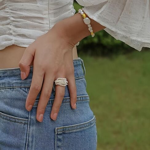 ZFAIRY 18K Gold Natural Freshwater Pearl Ring, Multi-Layer Baroque Rice Pearl Design, Hand-Woven Adjustable Statement Ring for Men and Women in Saudi Arabia