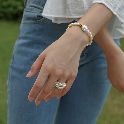 ZFAIRY 18K Gold Natural Freshwater Pearl Ring, Multi-Layer Baroque Rice Pearl Design, Hand-Woven Adjustable Statement Ring for Men and Women in Saudi Arabia