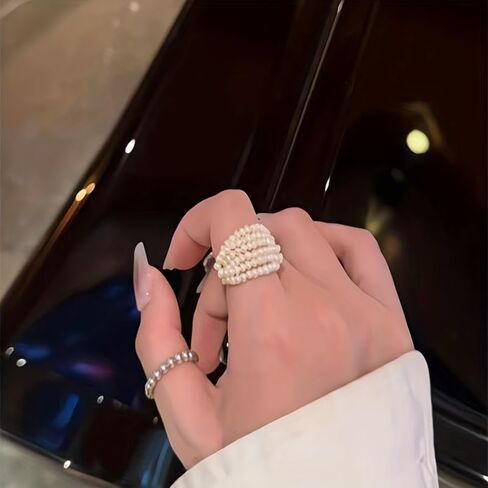 ZFAIRY 18K Gold Natural Freshwater Pearl Ring, Multi-Layer Baroque Rice Pearl Design, Hand-Woven Adjustable Statement Ring for Men and Women in Saudi Arabia