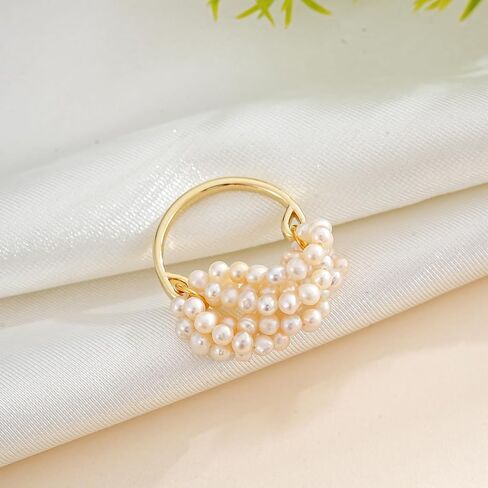 ZFAIRY 18K Gold Natural Freshwater Pearl Ring, Multi-Layer Baroque Rice Pearl Design, Hand-Woven Adjustable Statement Ring for Men and Women in Saudi Arabia