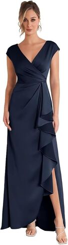 Sleevelesss Ruffle Mother of the Bride Dress for Wedding V Neck Satin Formal Dress in Kuwait