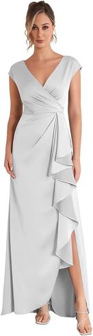 Sleevelesss Ruffle Mother of the Bride Dress for Wedding V Neck Satin Formal Dress in Saudi Arabia